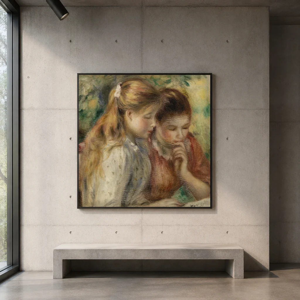 Framed print of Reading (La Lecture) hanging on a wall in a furnished room