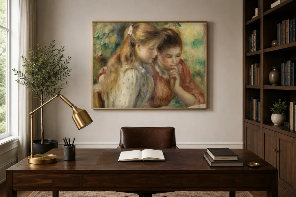 Framed print of Reading (La Lecture) hanging on a wall in a furnished room