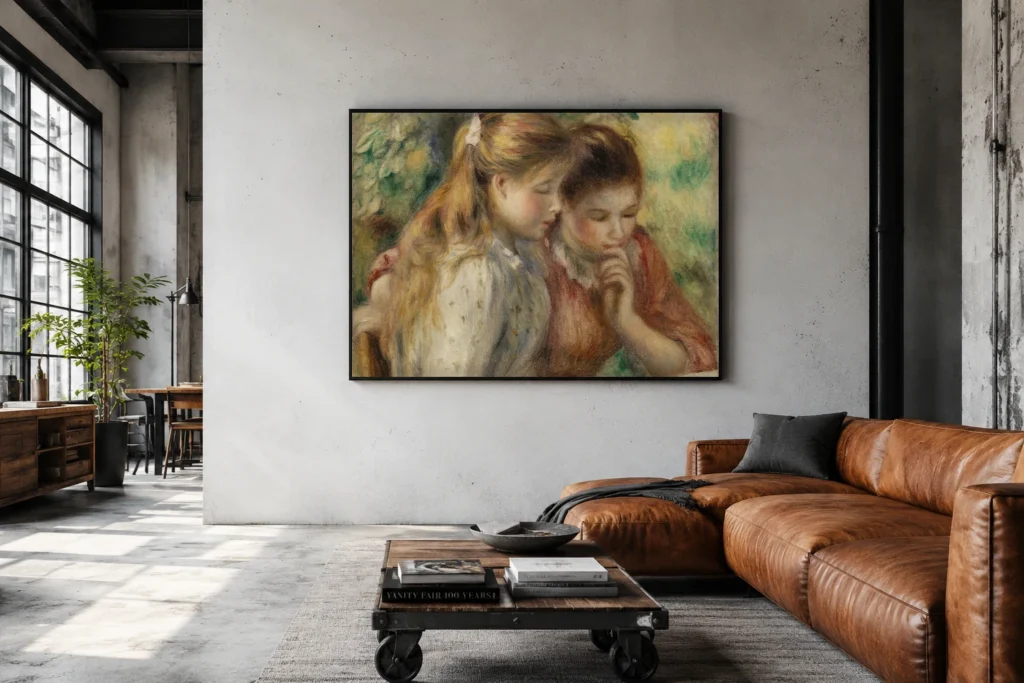 Framed print of Reading (La Lecture) hanging on a wall in a furnished room