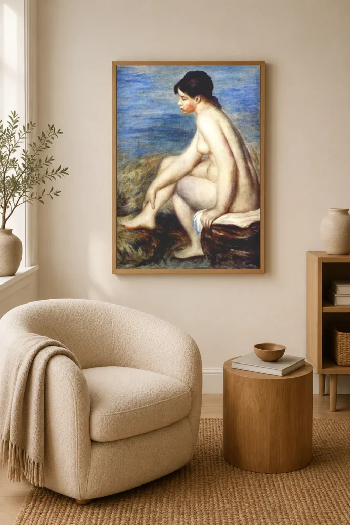 Framed print of Bather Holding Her Foot hanging on a wall in a furnished room