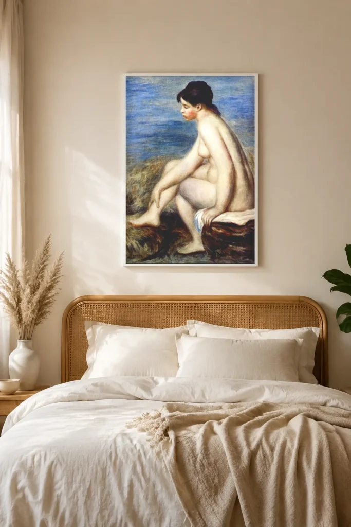 Framed print of Bather Holding Her Foot hanging on a wall in a furnished room