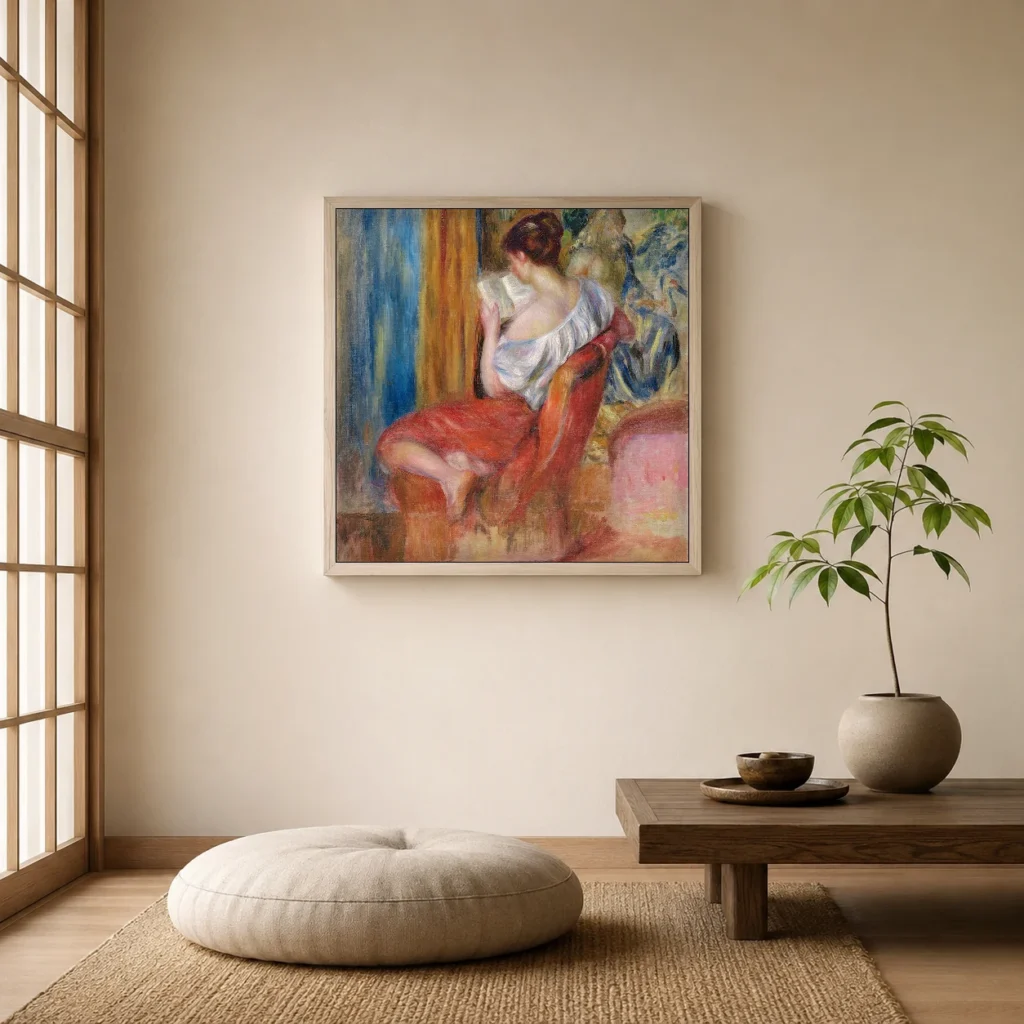 Framed print of Reading Woman hanging on a wall in a furnished room