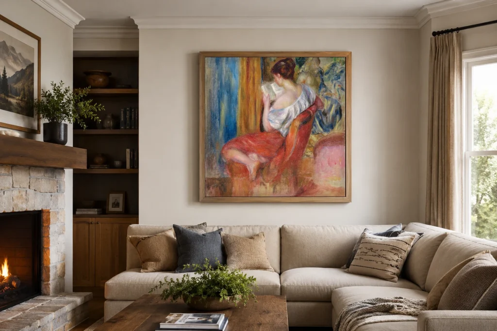 Framed print of Reading Woman hanging on a wall in a furnished room
