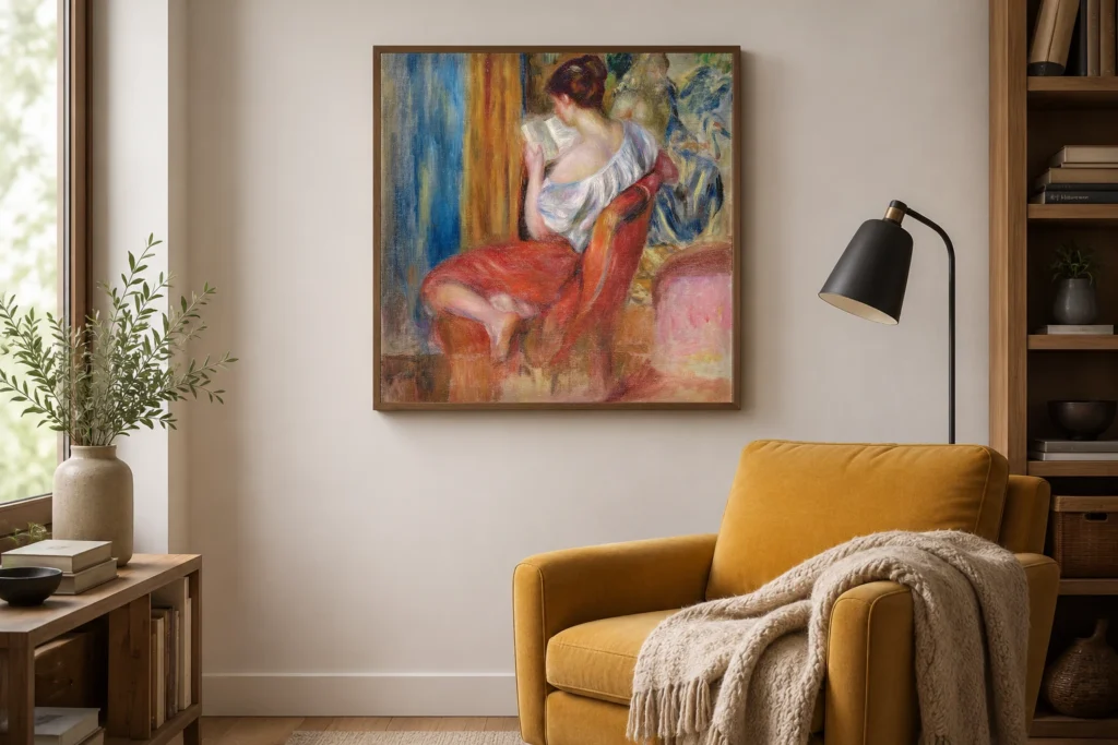 Framed print of Reading Woman hanging on a wall in a furnished room