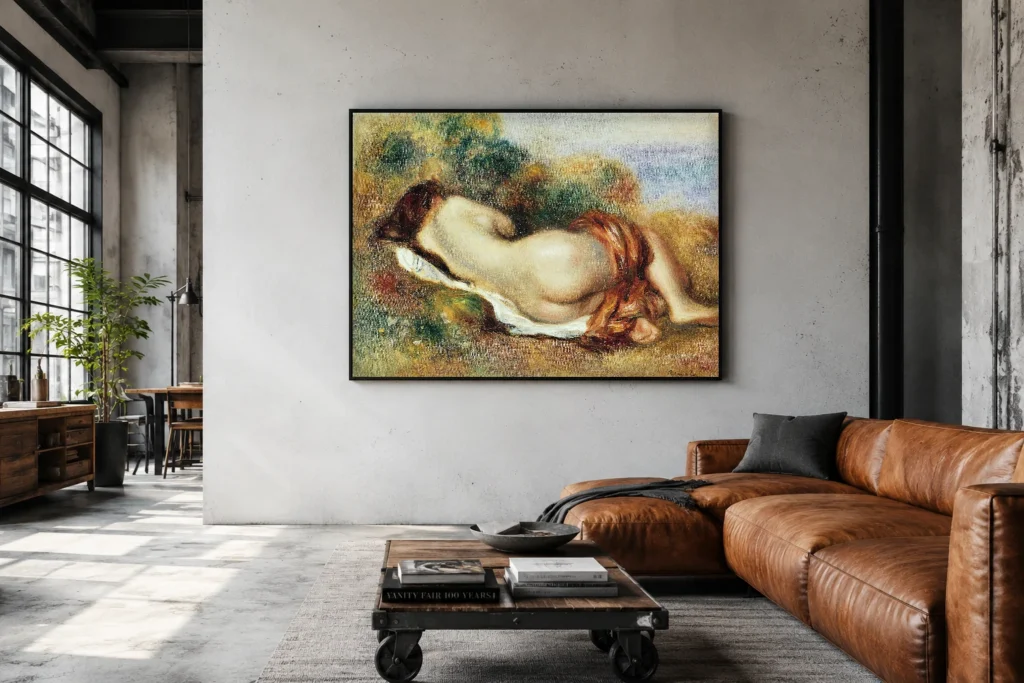 Framed print of Reclining Nude hanging on a wall in a furnished room