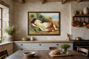 Framed print of Reclining Nude hanging on a wall in a furnished room
