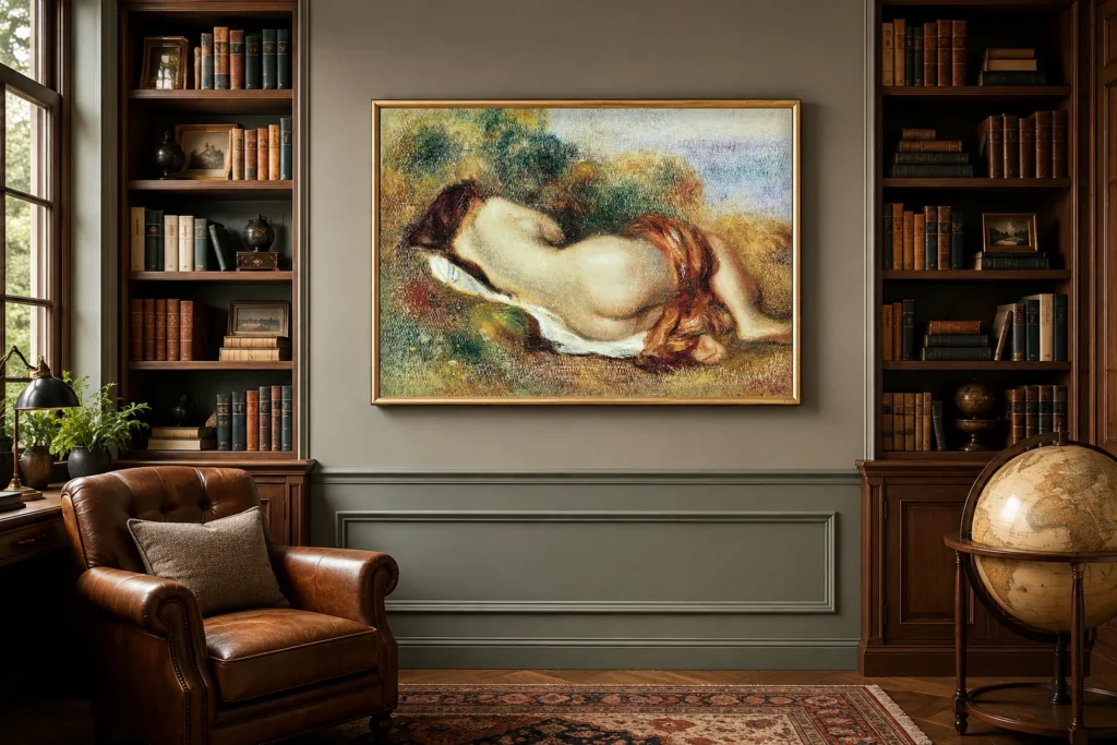 Framed print of Reclining Nude hanging on a wall in a furnished room