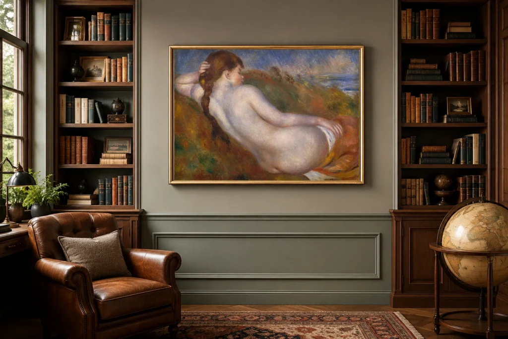 Framed print of Reclining Nude hanging on a wall in a furnished room