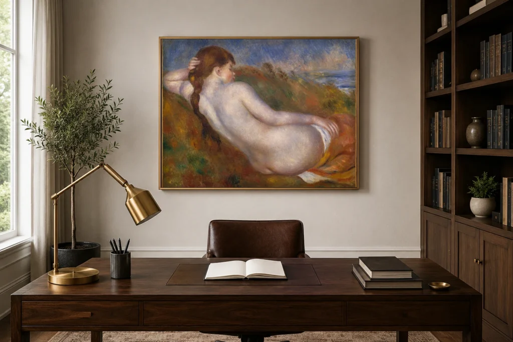 Framed print of Reclining Nude hanging on a wall in a furnished room