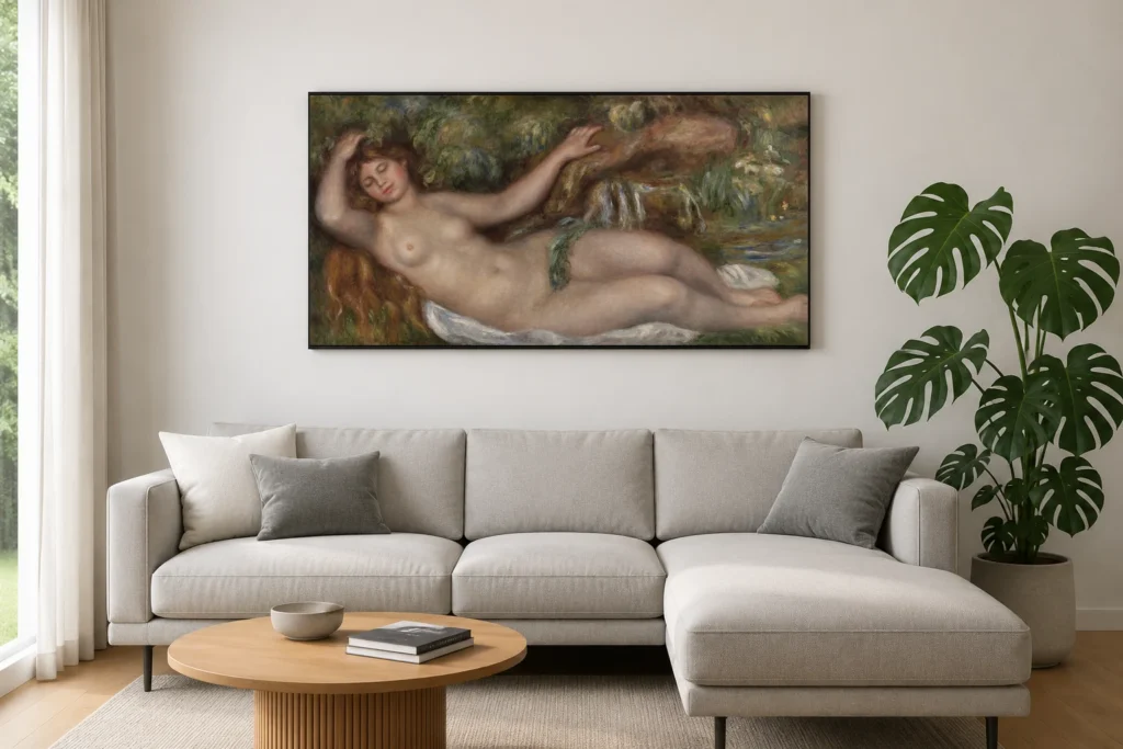 Framed print of Reclining Nude (Femme nue couchée) hanging on a wall in a furnished room