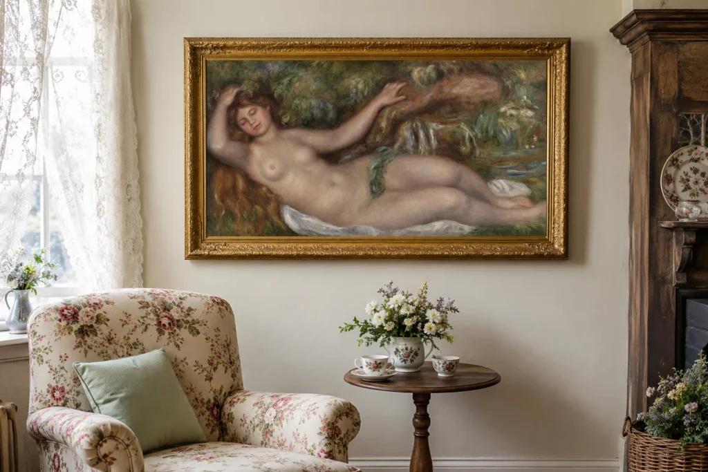 Framed print of Reclining Nude (Femme nue couchée) hanging on a wall in a furnished room