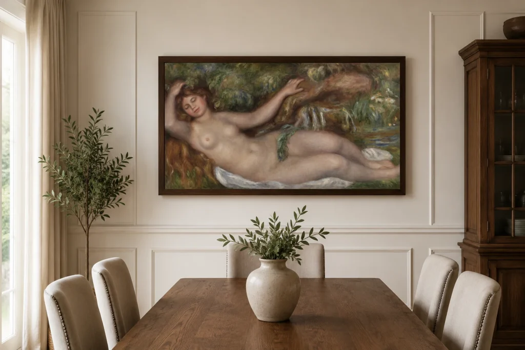 Framed print of Reclining Nude (Femme nue couchée) hanging on a wall in a furnished room