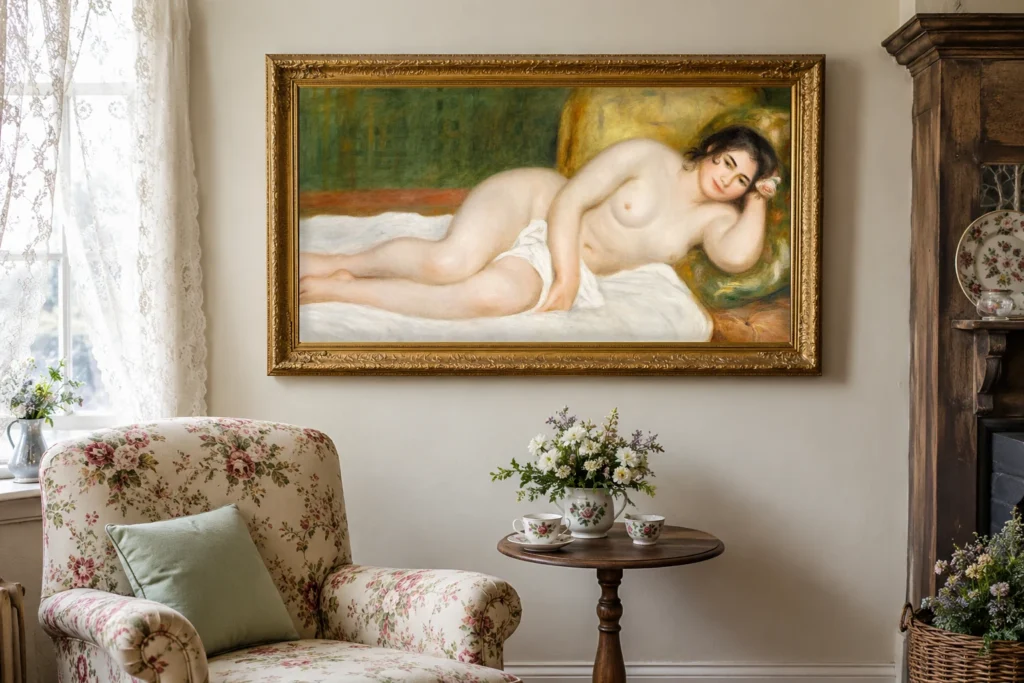 Framed print of Reclining Nude (Gabrielle) hanging on a wall in a furnished room