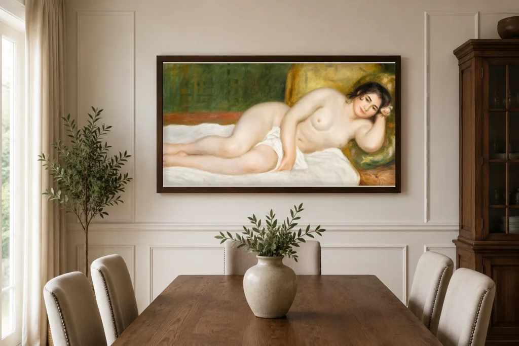 Framed print of Reclining Nude (Gabrielle) hanging on a wall in a furnished room