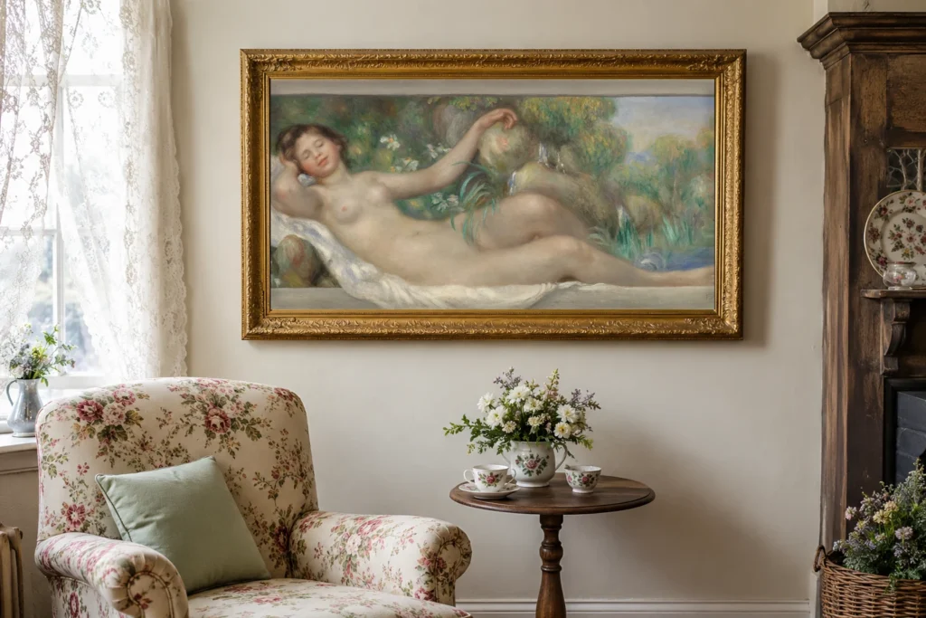 Framed print of Reclining Nude (La Source) hanging on a wall in a furnished room