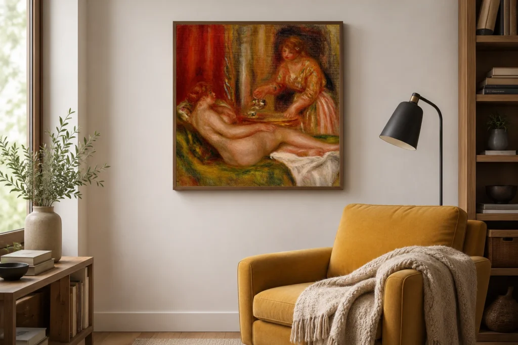Framed print of Reclining Nude and Servant Serving Tea hanging on a wall in a furnished room