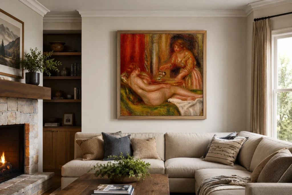 Framed print of Reclining Nude and Servant Serving Tea hanging on a wall in a furnished room