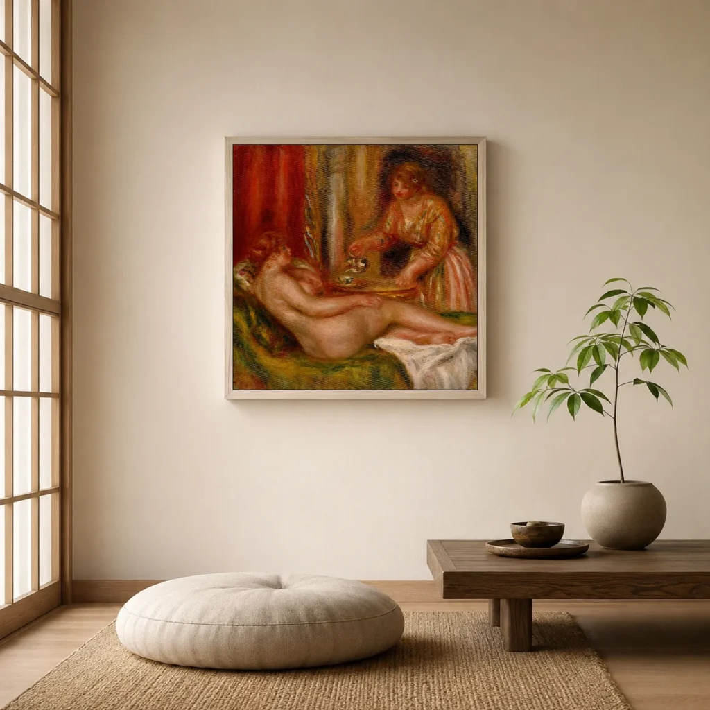 Framed print of Reclining Nude and Servant Serving Tea hanging on a wall in a furnished room