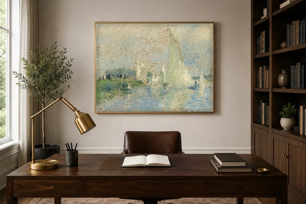Framed print of Regatta at Argenteuil hanging on a wall in a furnished room