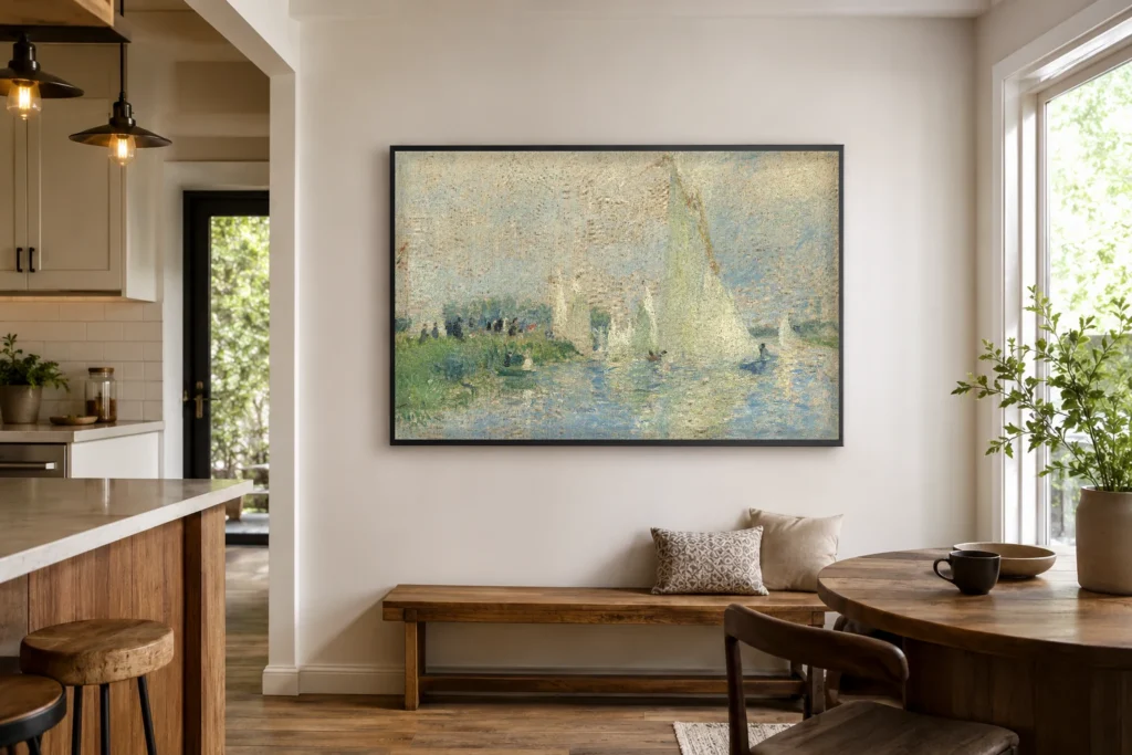 Framed print of Regatta at Argenteuil hanging on a wall in a furnished room