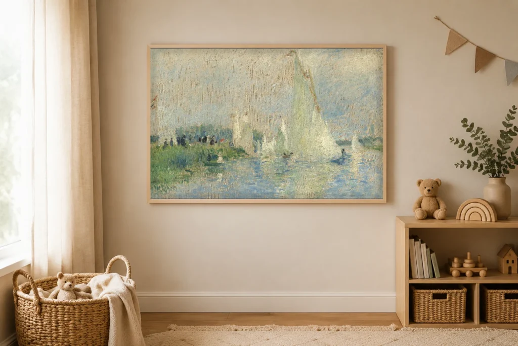 Framed print of Regatta at Argenteuil hanging on a wall in a furnished room
