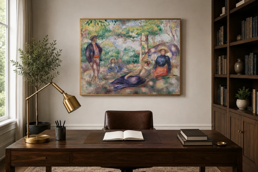 Framed print of Resting in the Grass (Le Repos sur l’herbe) hanging on a wall in a furnished room