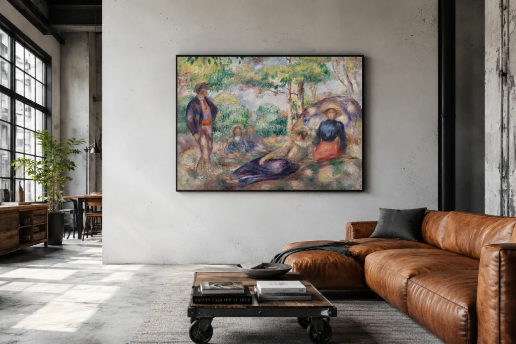 Framed print of Resting in the Grass (Le Repos sur l’herbe) hanging on a wall in a furnished room
