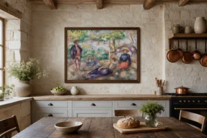 Framed print of Resting in the Grass (Le Repos sur l’herbe) hanging on a wall in a furnished room