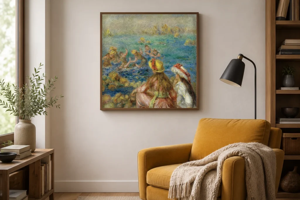 Framed print of Dressed Bathers hanging on a wall in a furnished room
