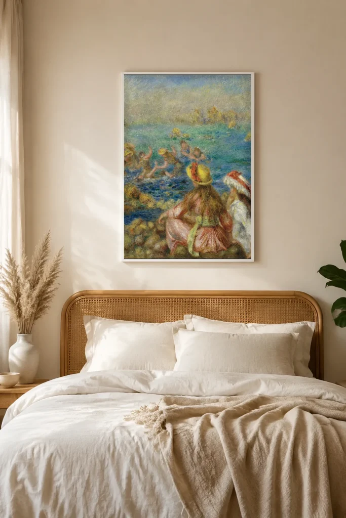 Framed print of Dressed Bathers hanging on a wall in a furnished room