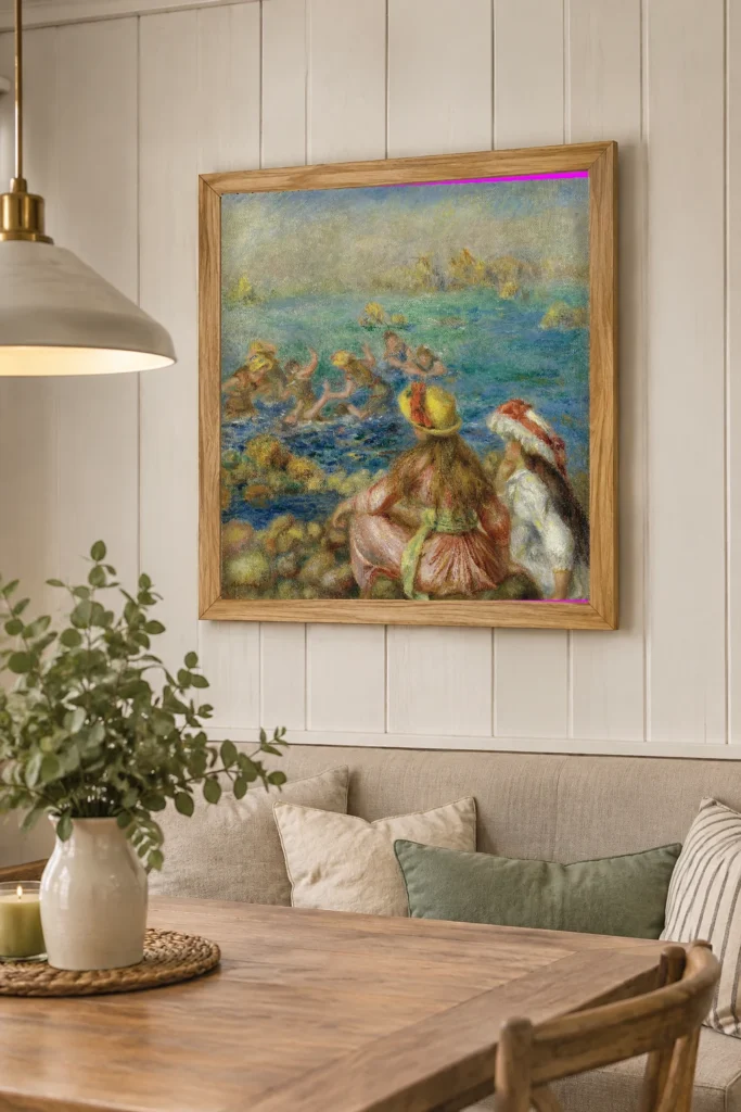 Framed print of Dressed Bathers hanging on a wall in a furnished room