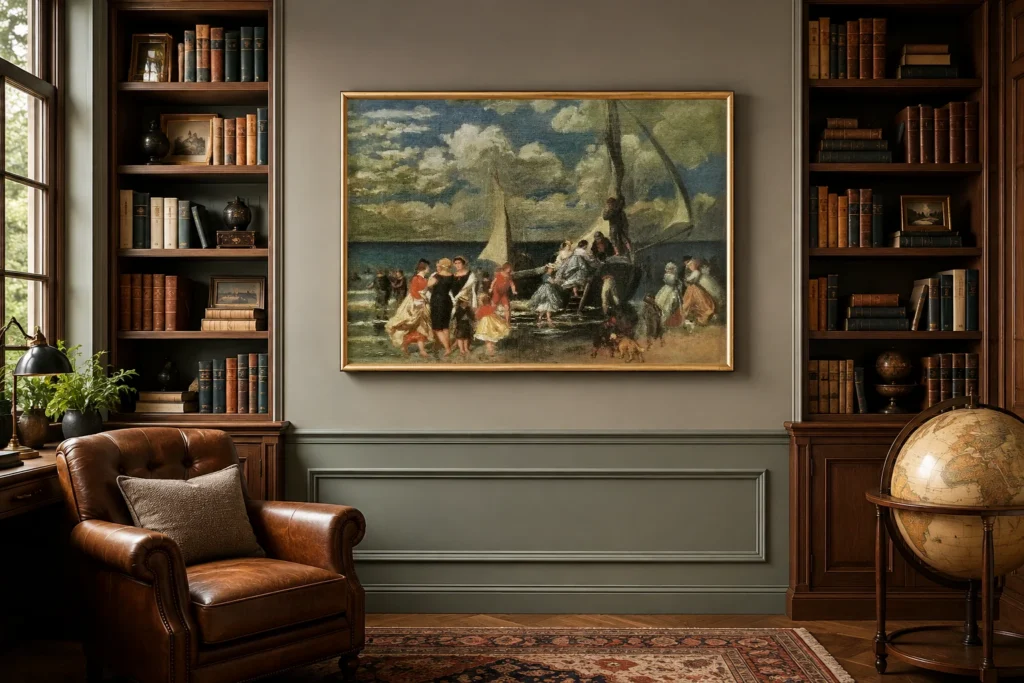 Framed print of Return from a Boat Trip hanging on a wall in a furnished room