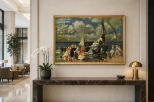 Framed print of Return from a Boat Trip hanging on a wall in a furnished room