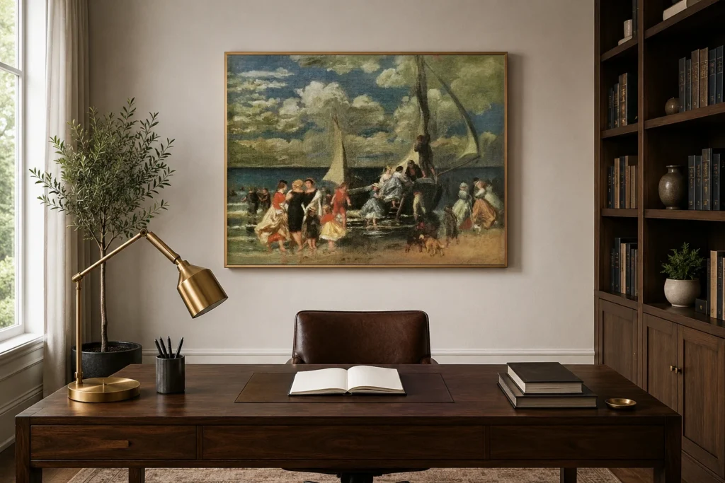 Framed print of Return from a Boat Trip hanging on a wall in a furnished room