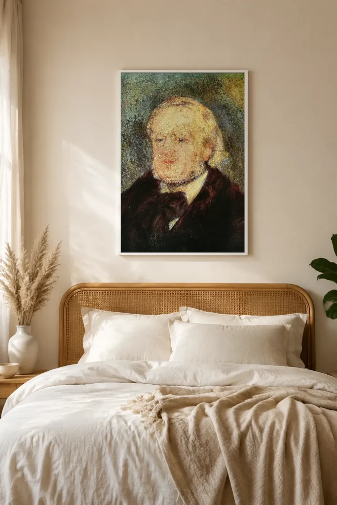 Framed print of Richard Wagner hanging on a wall in a furnished room