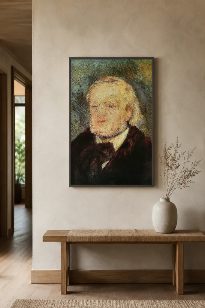 Framed print of Richard Wagner hanging on a wall in a furnished room