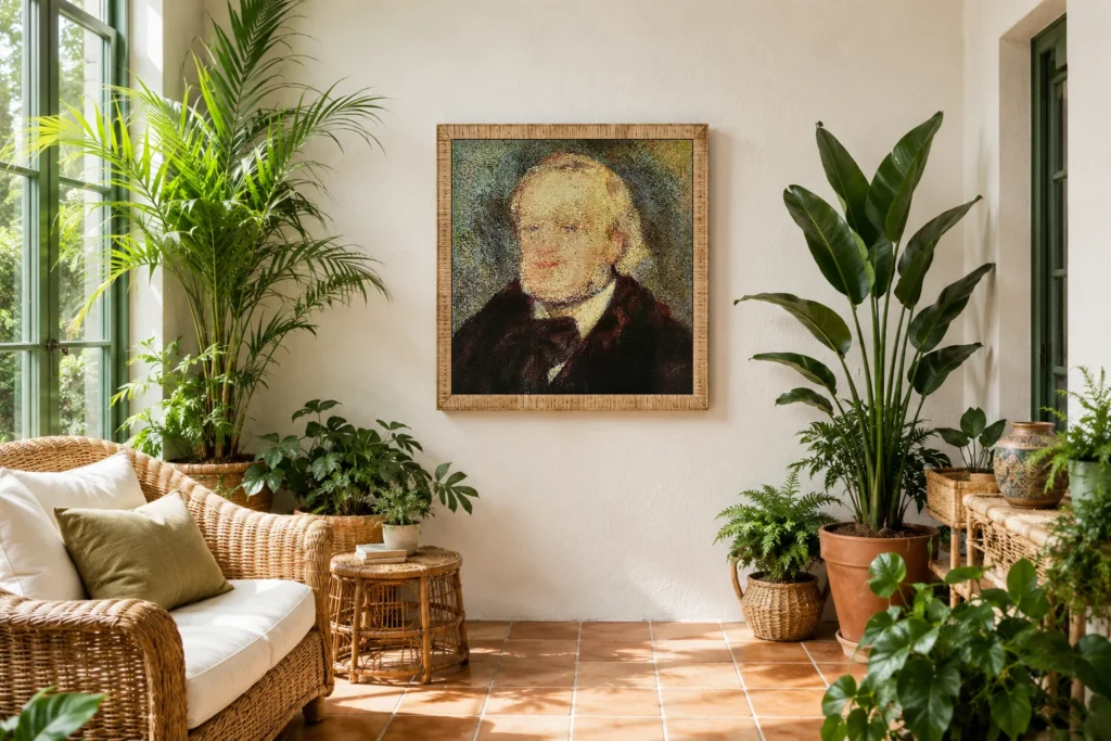 Framed print of Richard Wagner hanging on a wall in a furnished room