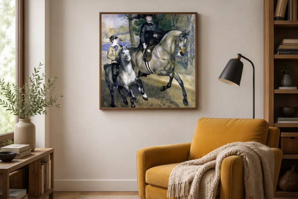 Framed print of Riding in the bois de Boulogne hanging on a wall in a furnished room