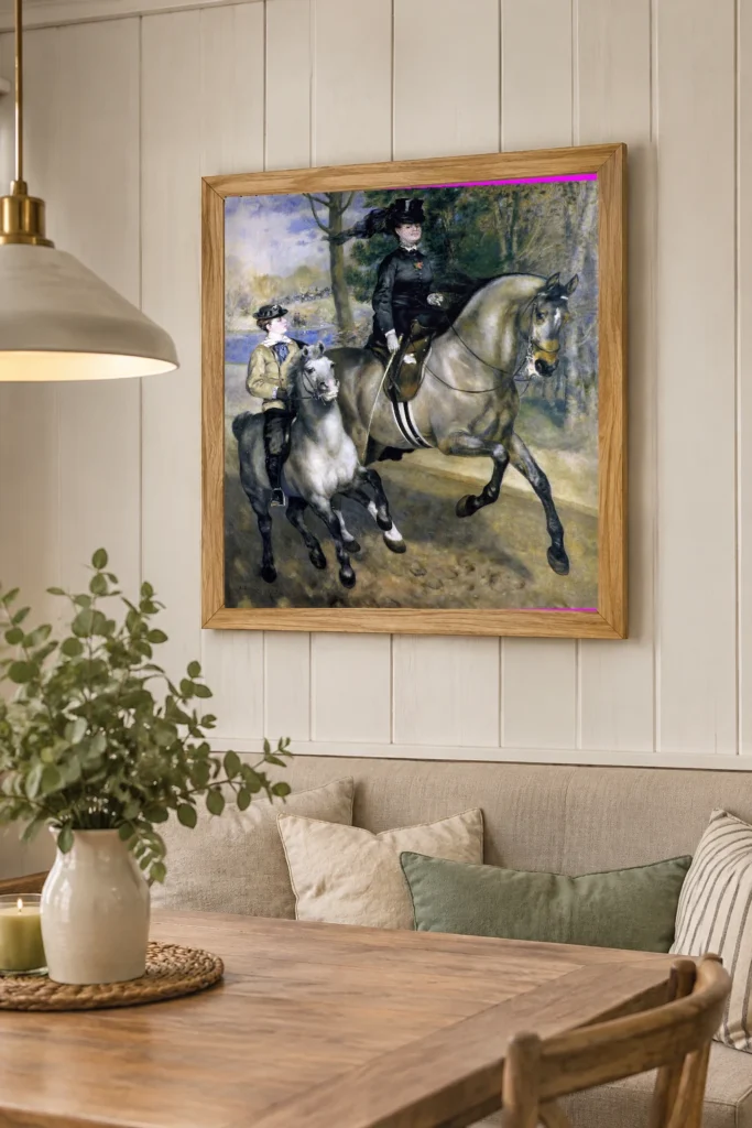 Framed print of Riding in the bois de Boulogne hanging on a wall in a furnished room
