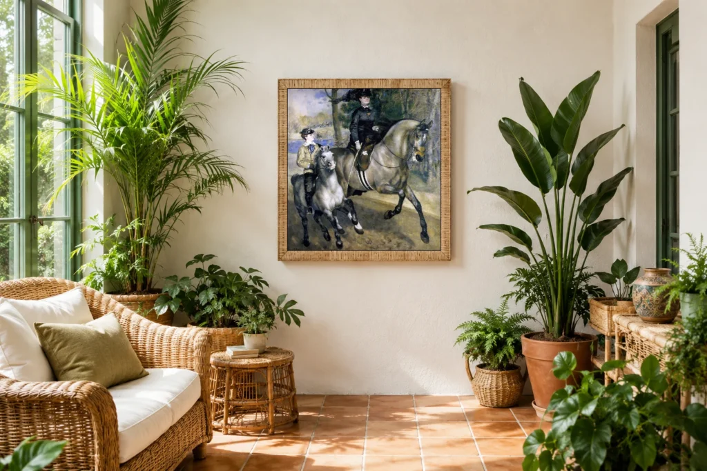 Framed print of Riding in the bois de Boulogne hanging on a wall in a furnished room