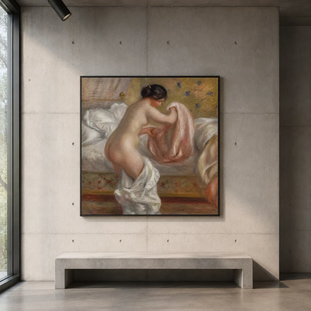 Framed print of Rising (Le Lever) hanging on a wall in a furnished room