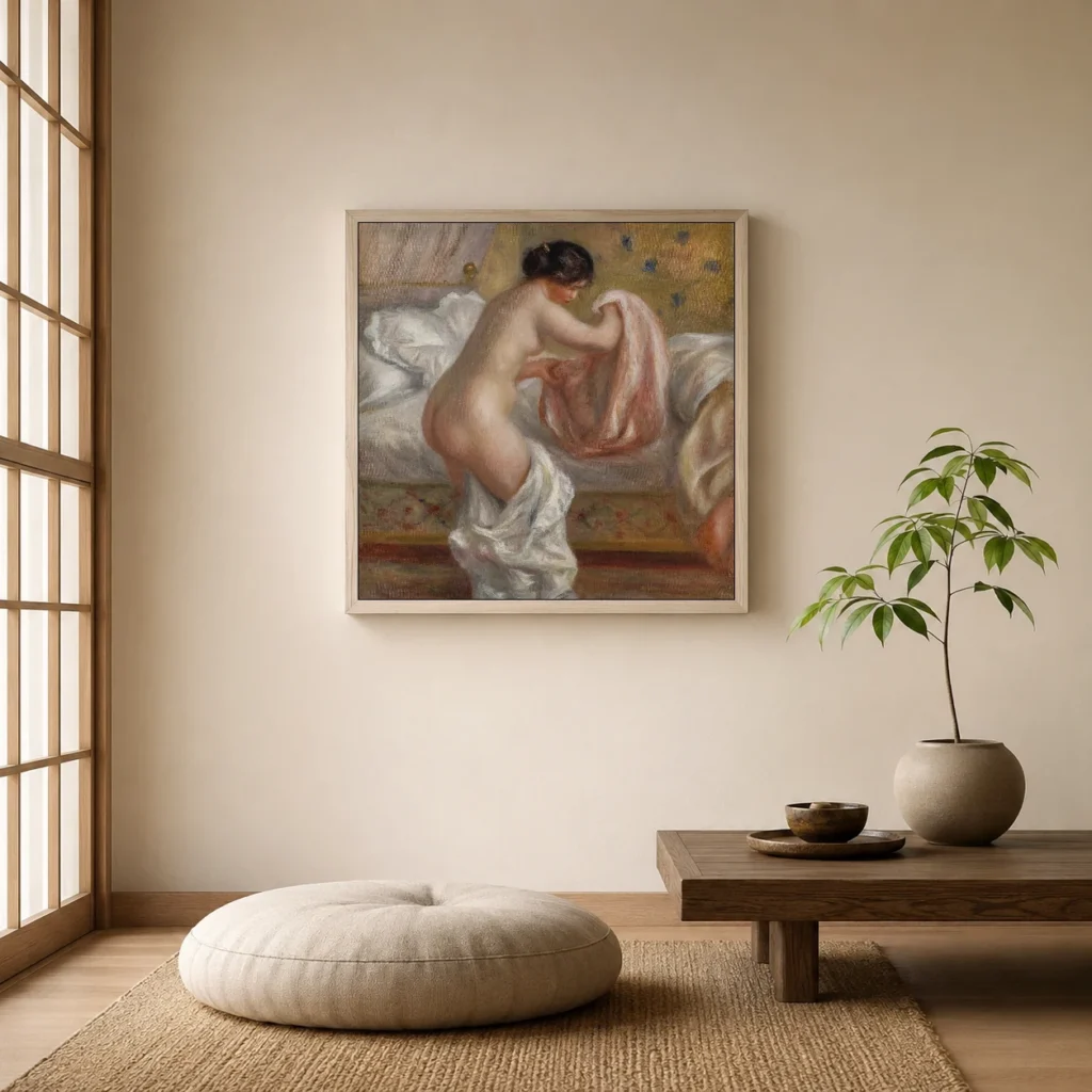 Framed print of Rising (Le Lever) hanging on a wall in a furnished room