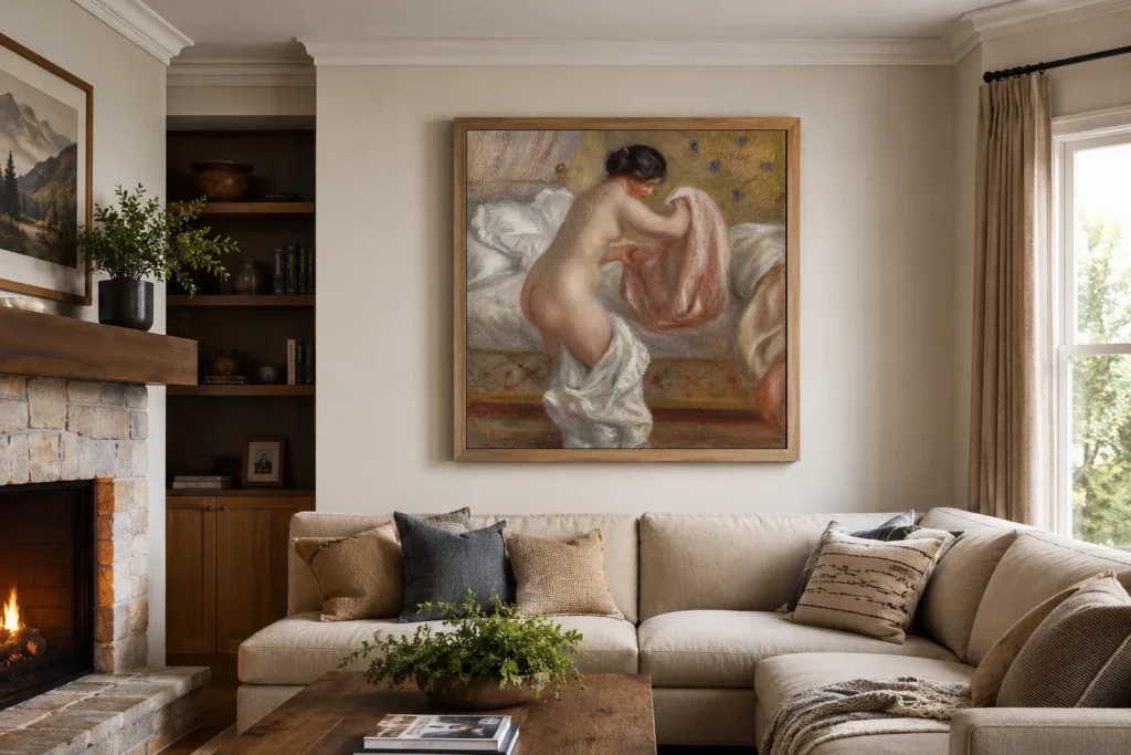 Framed print of Rising (Le Lever) hanging on a wall in a furnished room