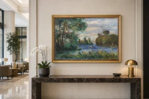 Framed print of River Landscape hanging on a wall in a furnished room