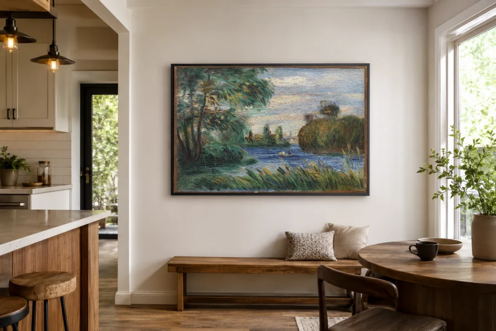 Framed print of River Landscape hanging on a wall in a furnished room