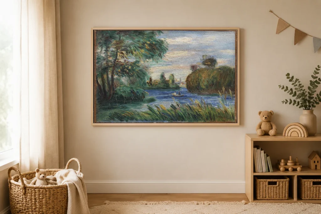 Framed print of River Landscape hanging on a wall in a furnished room