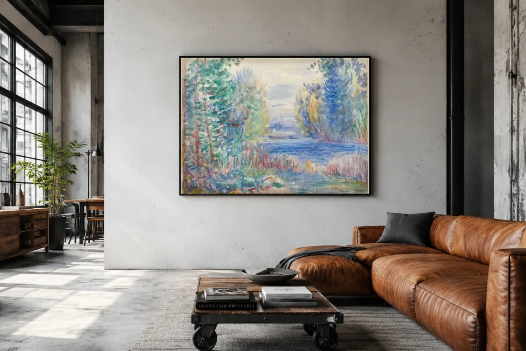 Framed print of River Landscape hanging on a wall in a furnished room