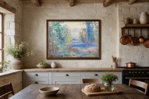 Framed print of River Landscape hanging on a wall in a furnished room