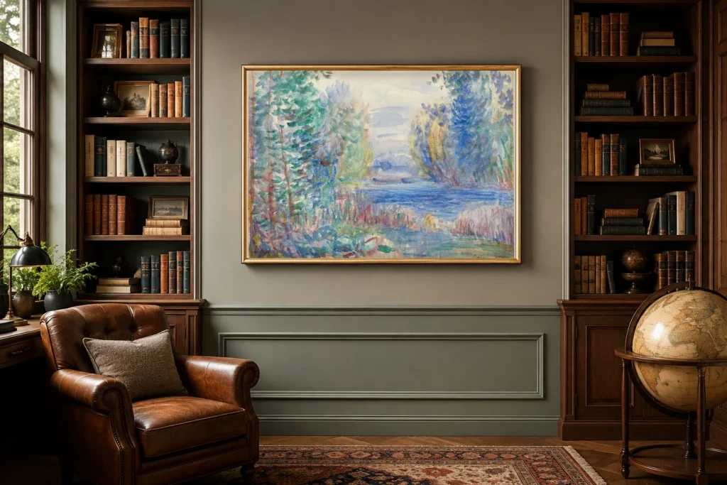 Framed print of River Landscape hanging on a wall in a furnished room