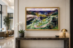 Framed print of Road at Wargemont hanging on a wall in a furnished room
